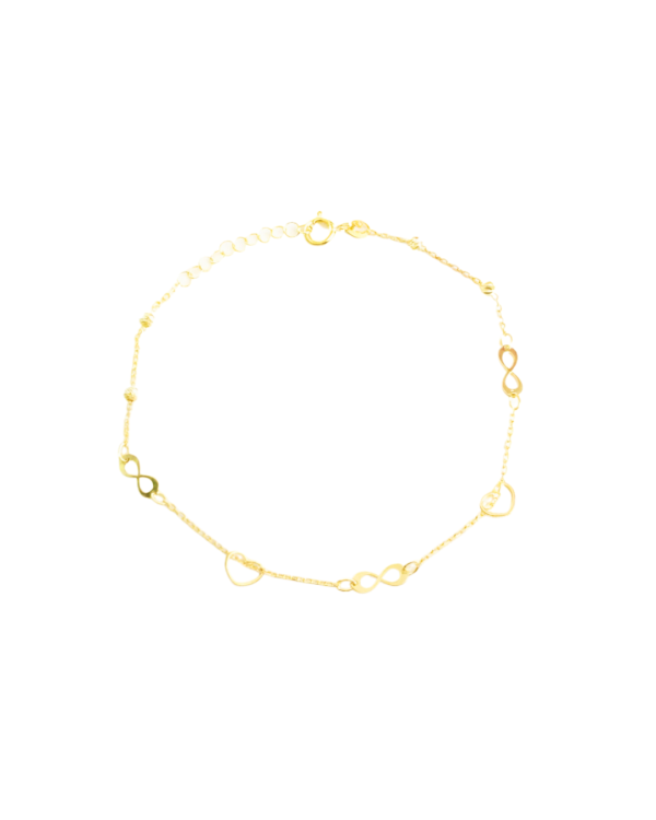 Projekt bez nazwy (5).pngZłota błyszcząca bransoletka z serduszkami i znakami nieskończoności. Splot ankier, długość 17-19 cm, średnica 4.7 mm. Zapięcie sprężynowe Federing. Idealna biżuteria na prezent.