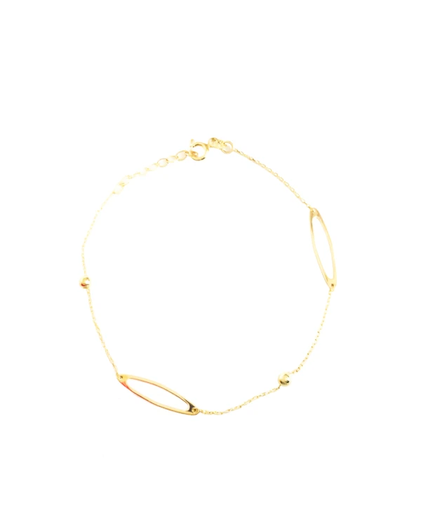 Złota błyszcząca bransoletka z kuleczkami i elipsami. Splot ankier, długość 17-19 cm, średnica 4,8 mm. Zapięcie sprężynowe Federing. Elegancka złota biżuteria.