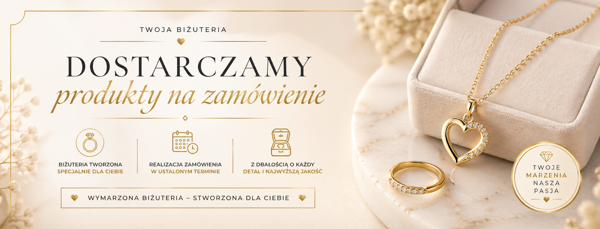 Elegancki baner reklamowy sklepu z biżuterią: na jasnym, luksusowym tle widnieje hasło „Wszystkie produkty bez wyjątku zawierają próbę złota”. Po prawej stronie zaprezentowane są złote pierścionki i naszyjnik z oznaczeniem próby 585, ułożone na stylowej, kamiennej podstawie. Grafika podkreśla wysoką jakość, autentyczność i prestiż oferowanej biżuterii.